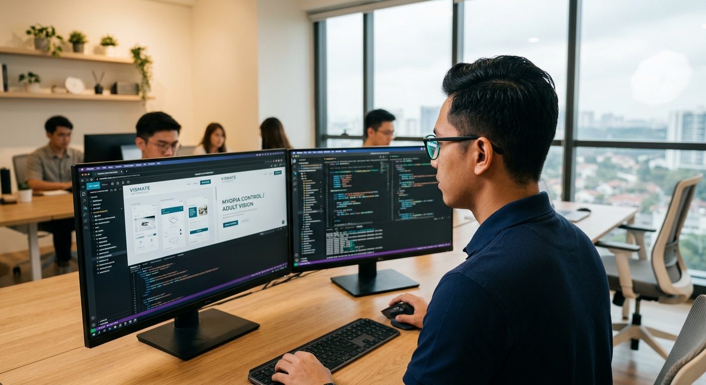 A professional working long hours across dual monitors, the exact digital eye strain scenario Vismate treats